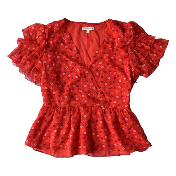 Madewell Red Floral Ruffle Peplum Top, Size 8 - Picture 1 of 7